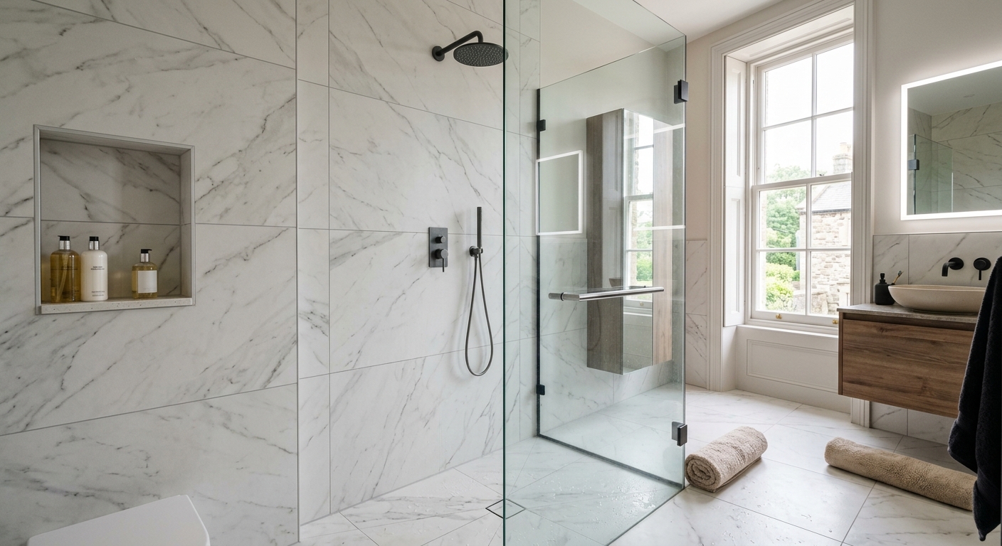 Salle de bain moderne avec faïence et douche à l'italienne