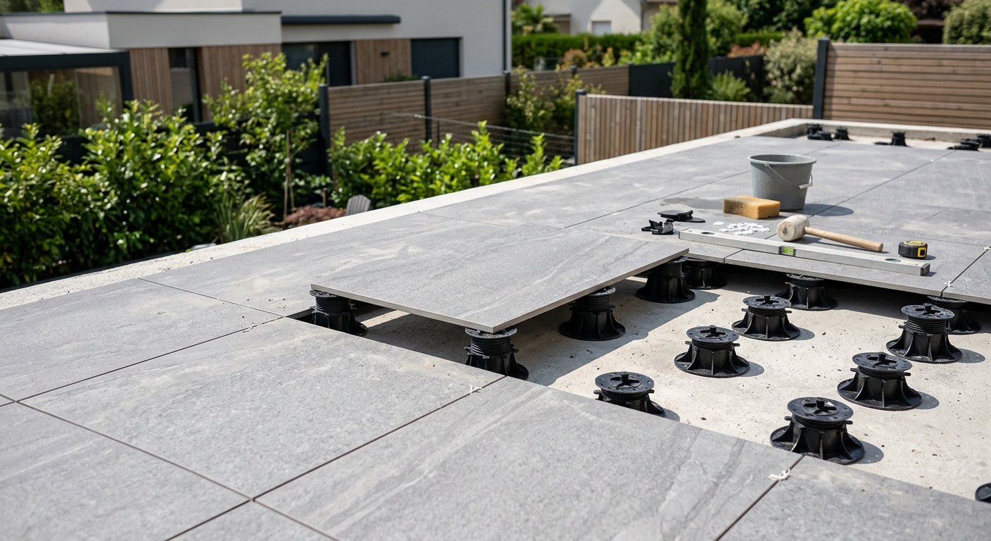 Pose de carrelage extérieur moderne sur une terrasse à Douvres par l'entreprise Alcina