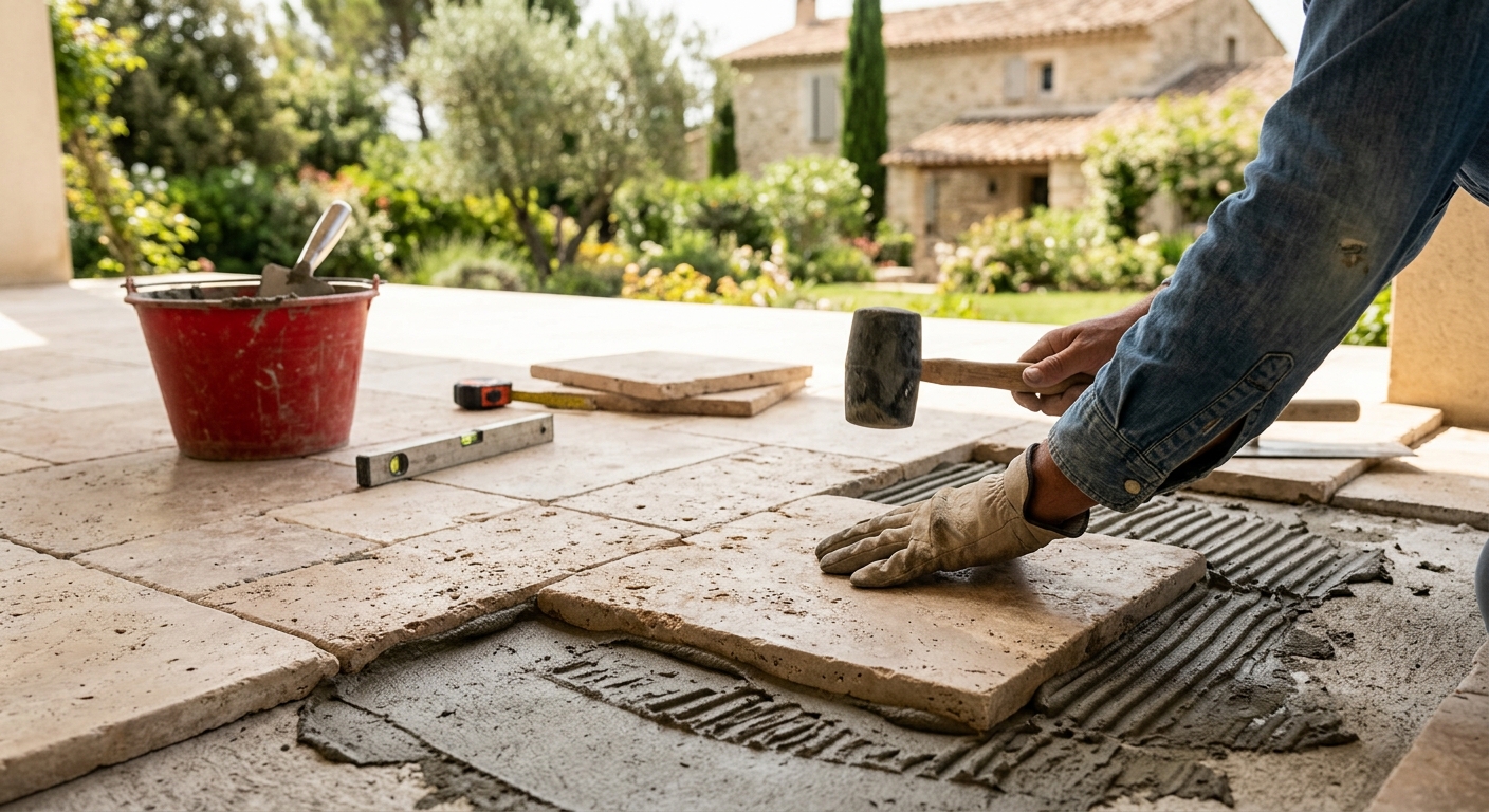 Pose de sol en travertin par un artisan expert